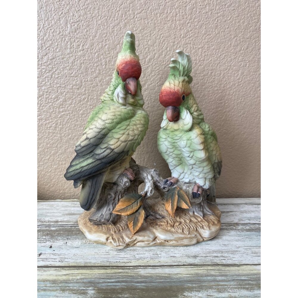 1970s Andrea by Sadek Green Cockatoos – Hand Painted Porcelain Pair - No Box